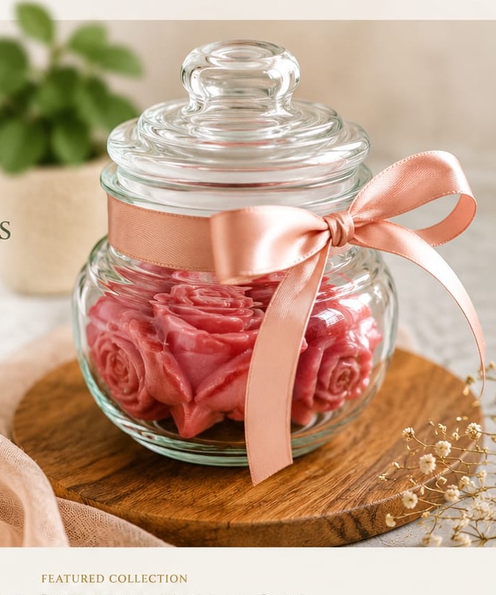 Handcrafted soaps in a glass jar with ribbon